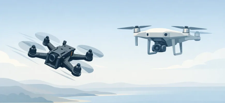 FPV-дрон в полёте и обычный камера-дрон, визуальное сравнение типов квадрокоптеров