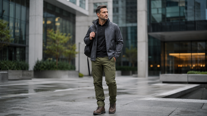 Комплект тактической одежды: брюки, куртка softshell, combat shirt на модели в городском EDC-стиле
