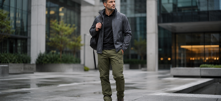 Комплект тактической одежды: брюки, куртка softshell, combat shirt на модели в городском EDC-стиле